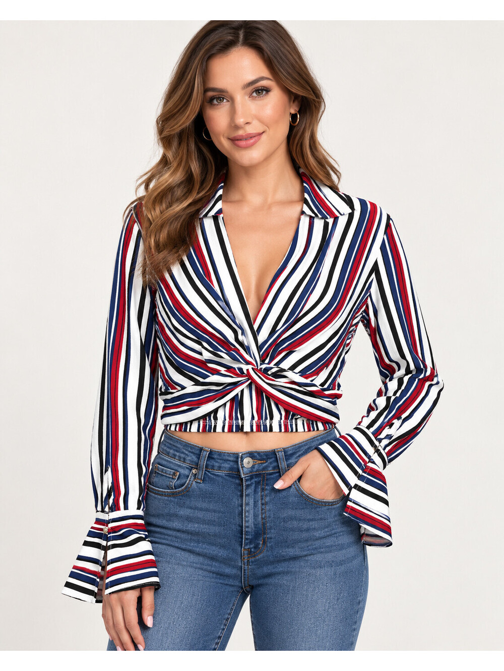 Fashion Nova Size Large Red Blue White Striped Wrap Crop Top – Good Used Conditi